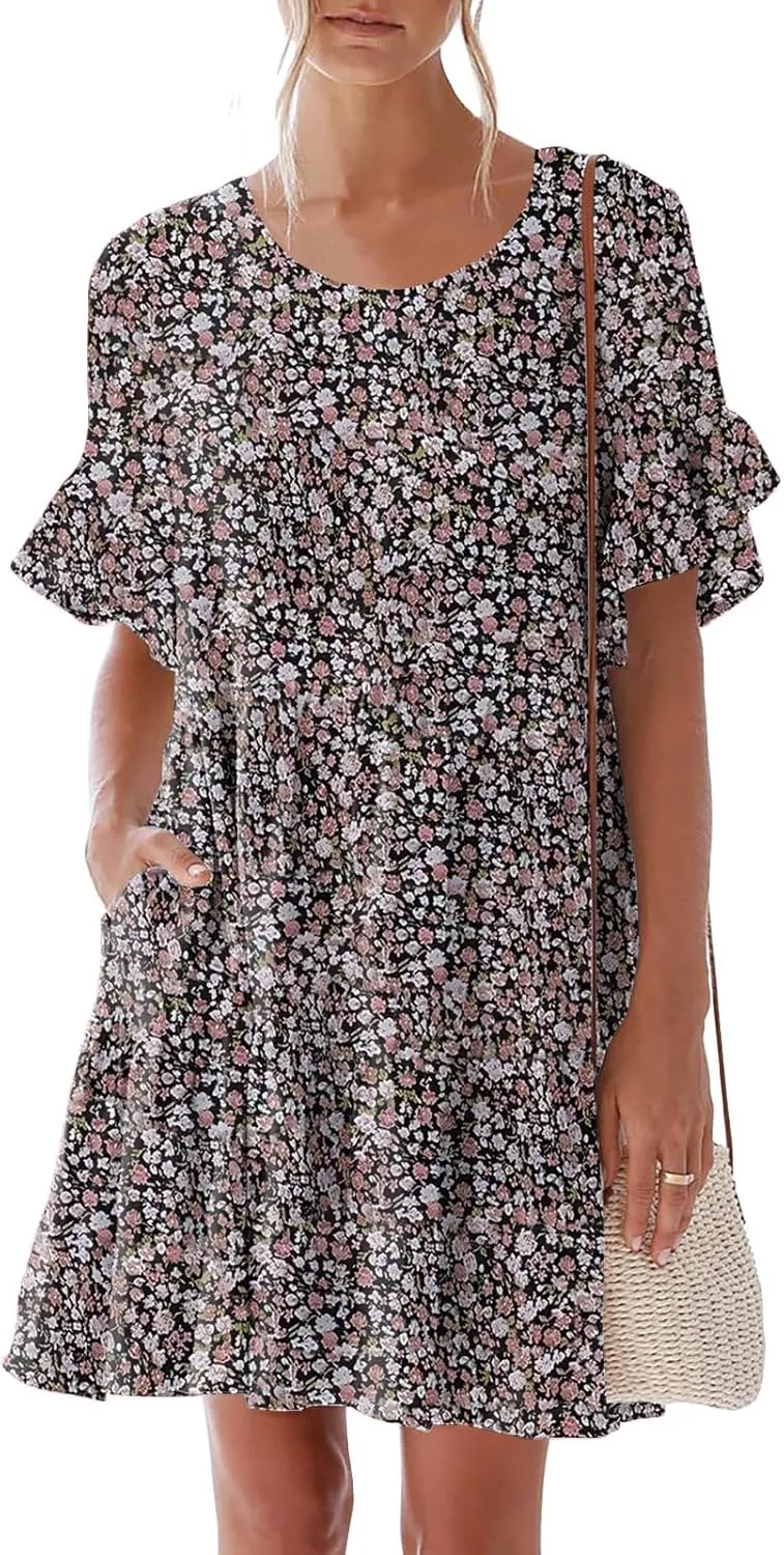 nclook Womens Summer Casual Dresses Sweet Cute Crew Neck Mini Dress with Pockets Ruffle Short Sleeve