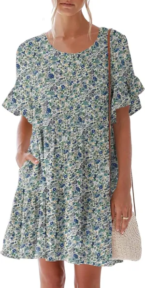 nclook Womens Summer Casual Dresses Sweet Cute Crew Neck Mini Dress with Pockets Ruffle Short Sleeve
