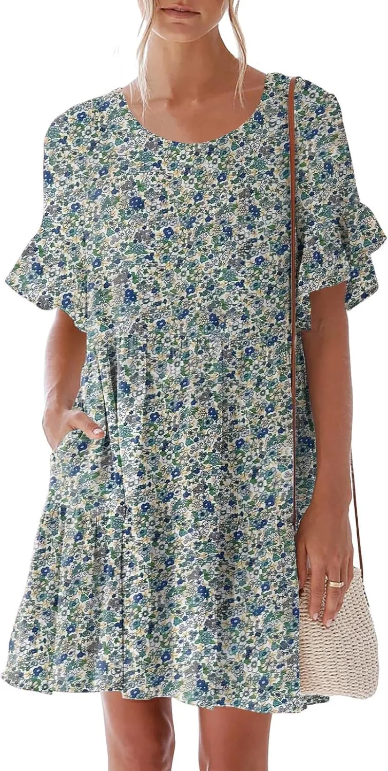 nclook Womens Summer Casual Dresses Sweet Cute Crew Neck Mini Dress with Pockets Ruffle Short Sleeve