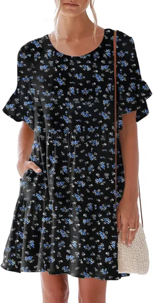 nclook Womens Summer Casual Dresses Sweet Cute Crew Neck Mini Dress with Pockets Ruffle Short Sleeve
