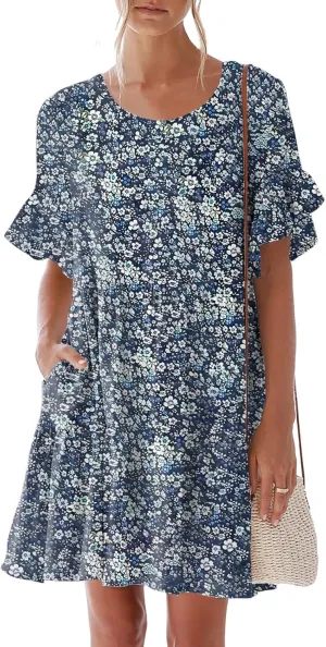 nclook Womens Summer Casual Dresses Sweet Cute Crew Neck Mini Dress with Pockets Ruffle Short Sleeve
