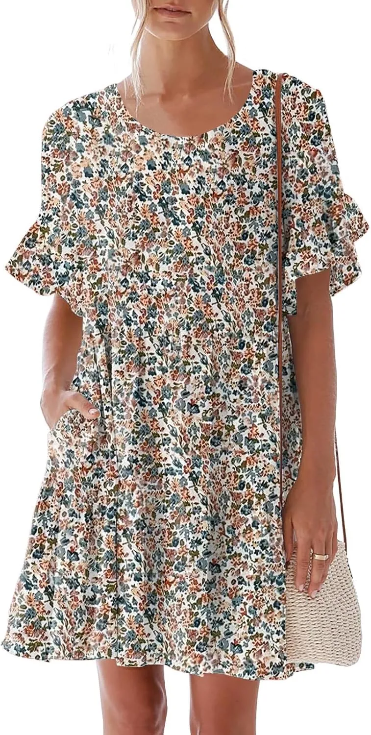 nclook Womens Summer Casual Dresses Sweet Cute Crew Neck Mini Dress with Pockets Ruffle Short Sleeve