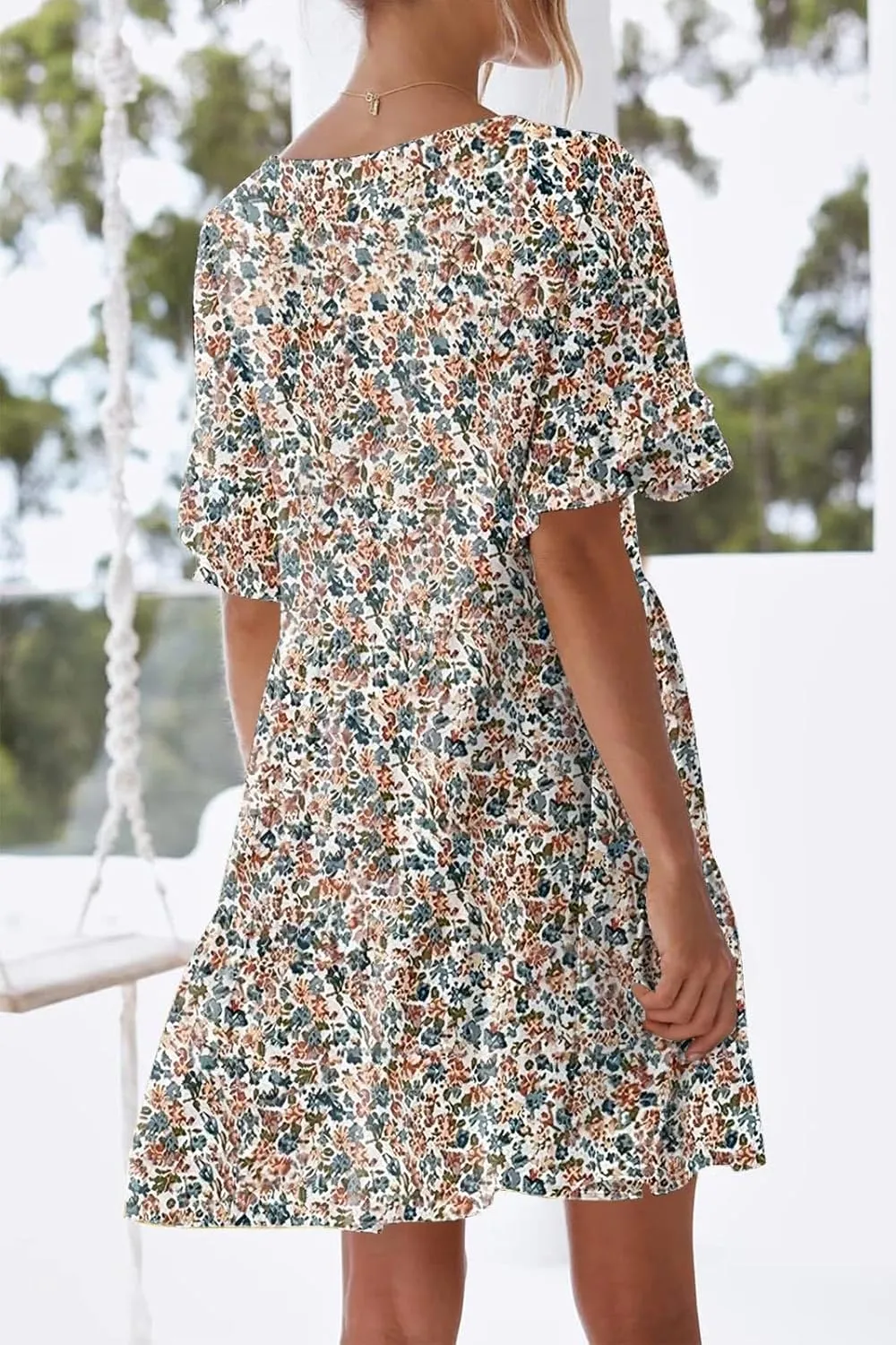 nclook Womens Summer Casual Dresses Sweet Cute Crew Neck Mini Dress with Pockets Ruffle Short Sleeve