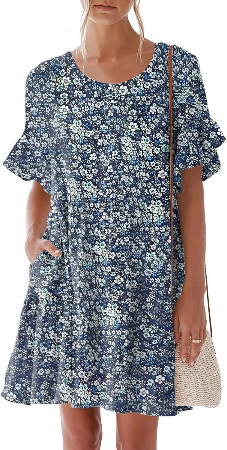 nclook Womens Summer Casual Dresses Sweet Cute Crew Neck Mini Dress with Pockets Ruffle Short Sleeve