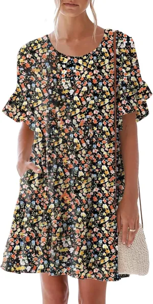 nclook Womens Summer Casual Dresses Sweet Cute Crew Neck Mini Dress with Pockets Ruffle Short Sleeve