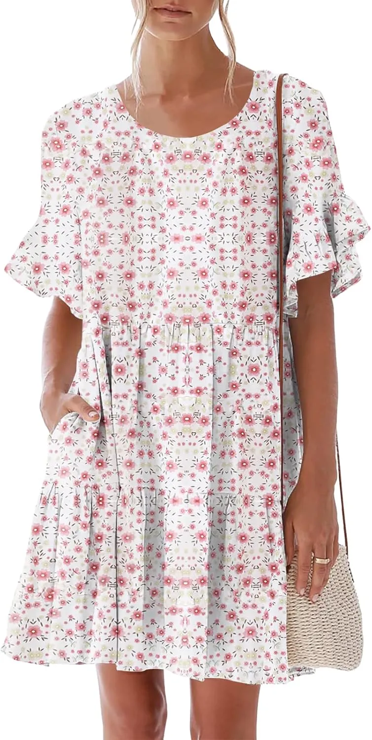 nclook Womens Summer Casual Dresses Sweet Cute Crew Neck Mini Dress with Pockets Ruffle Short Sleeve