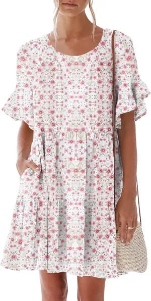 nclook Womens Summer Casual Dresses Sweet Cute Crew Neck Mini Dress with Pockets Ruffle Short Sleeve