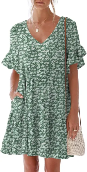 nclook Womens Summer Casual Dresses Sweet Cute V Neck Mini Dress with Pockets Ruffle Short Sleeve