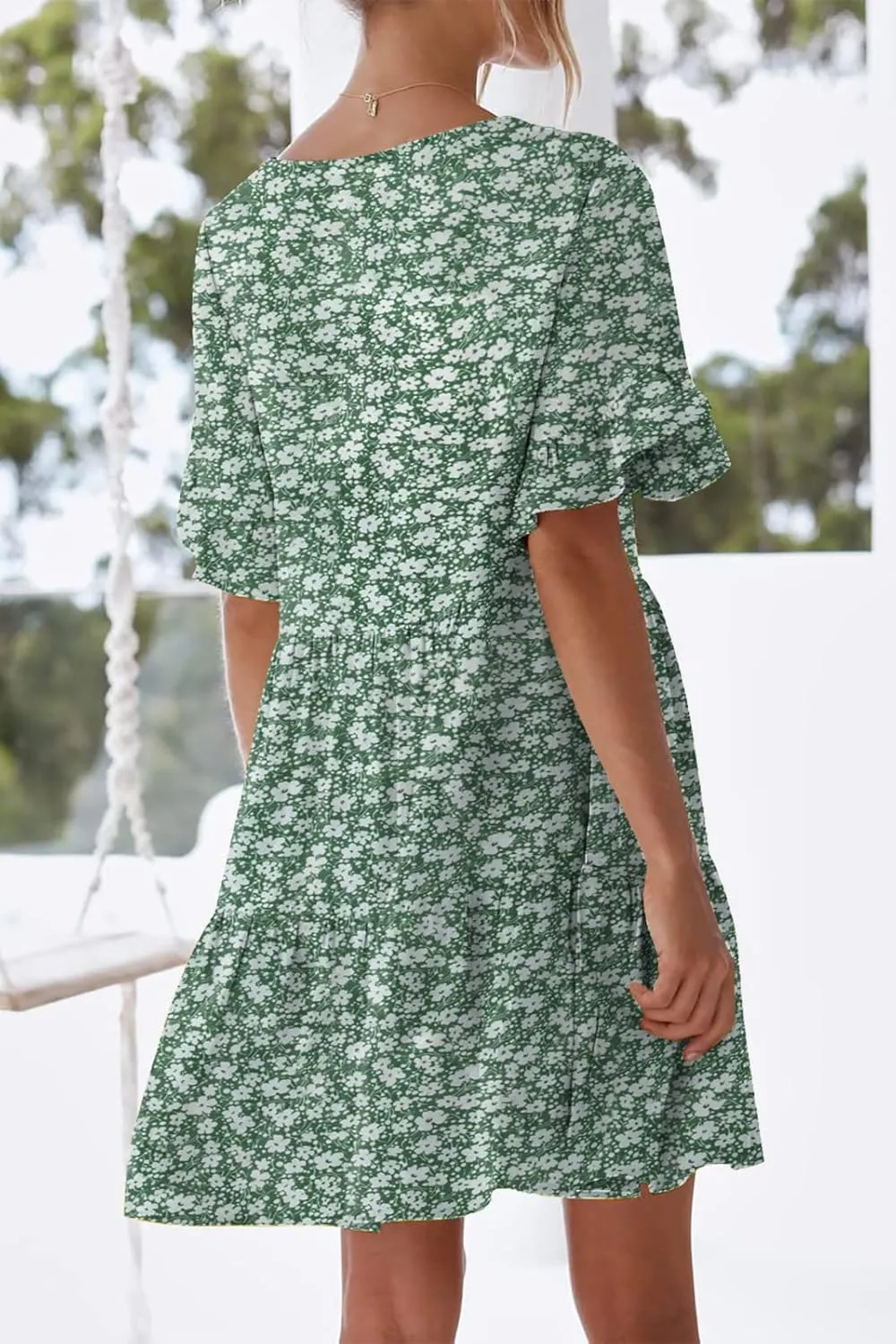 nclook Womens Summer Casual Dresses Sweet Cute V Neck Mini Dress with Pockets Ruffle Short Sleeve