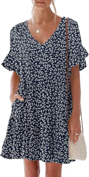 nclook Womens Summer Casual Dresses Sweet Cute V Neck Mini Dress with Pockets Ruffle Short Sleeve