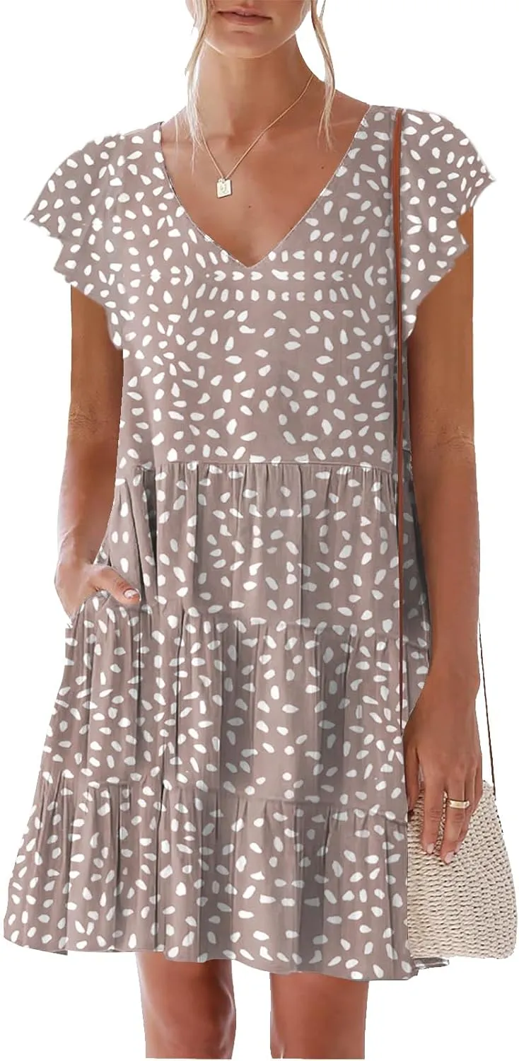 nclook Womens Summer Casual Dresses Sweet Cute V Neck Mini Dress with Pockets Ruffle Short Sleeve