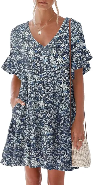 nclook Womens Summer Casual Dresses Sweet Cute V Neck Mini Dress with Pockets Ruffle Short Sleeve