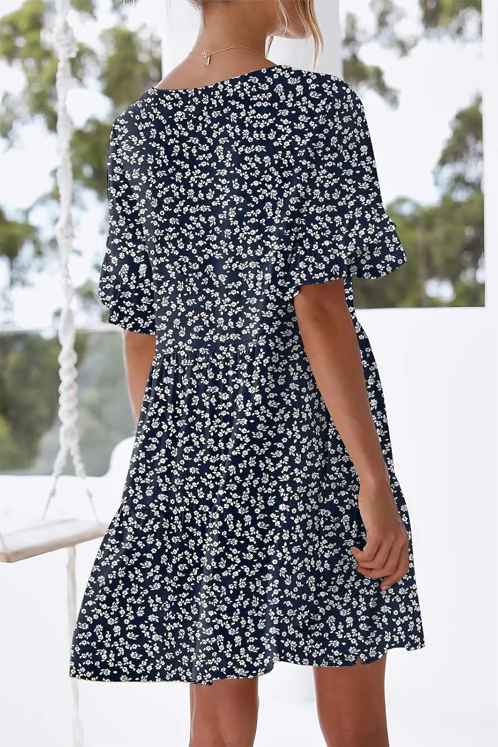 nclook Womens Summer Casual Dresses Sweet Cute V Neck Mini Dress with Pockets Ruffle Short Sleeve