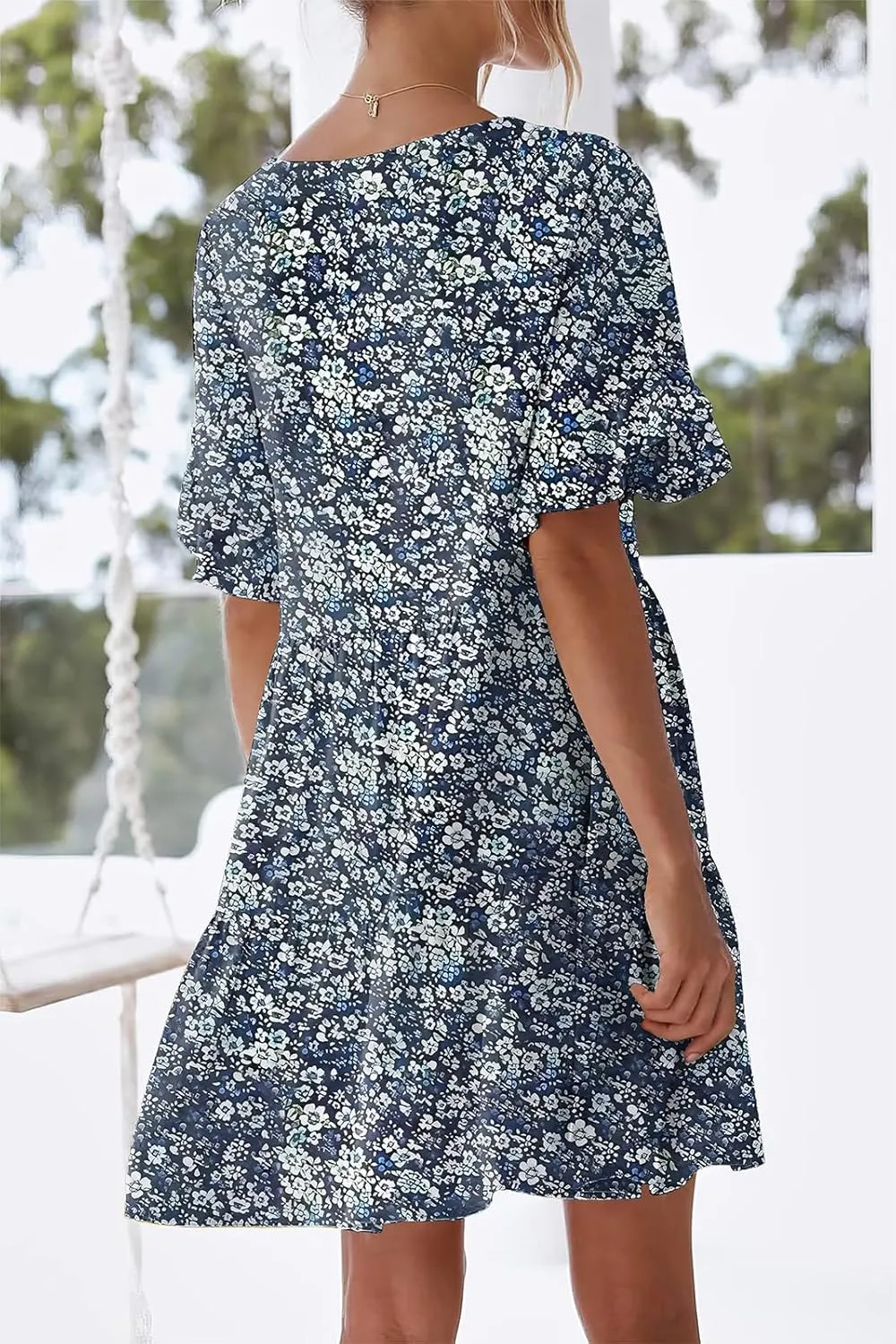 nclook Womens Summer Casual Dresses Sweet Cute V Neck Mini Dress with Pockets Ruffle Short Sleeve