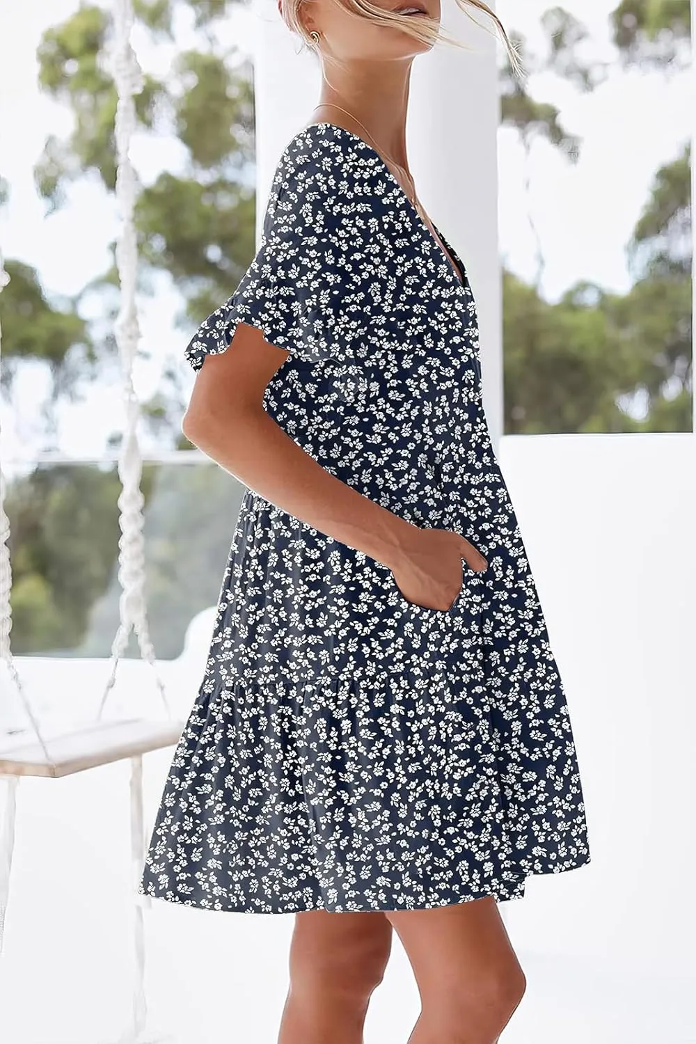 nclook Womens Summer Casual Dresses Sweet Cute V Neck Mini Dress with Pockets Ruffle Short Sleeve