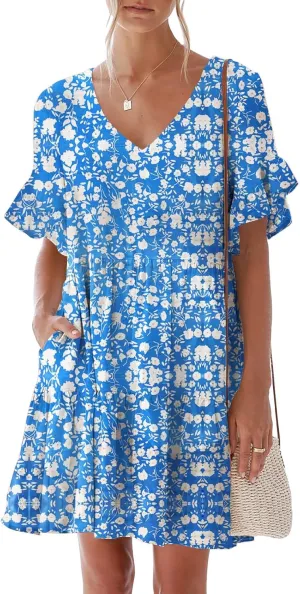 nclook Womens Summer Casual Dresses Sweet Cute V Neck Mini Dress with Pockets Ruffle Short Sleeve
