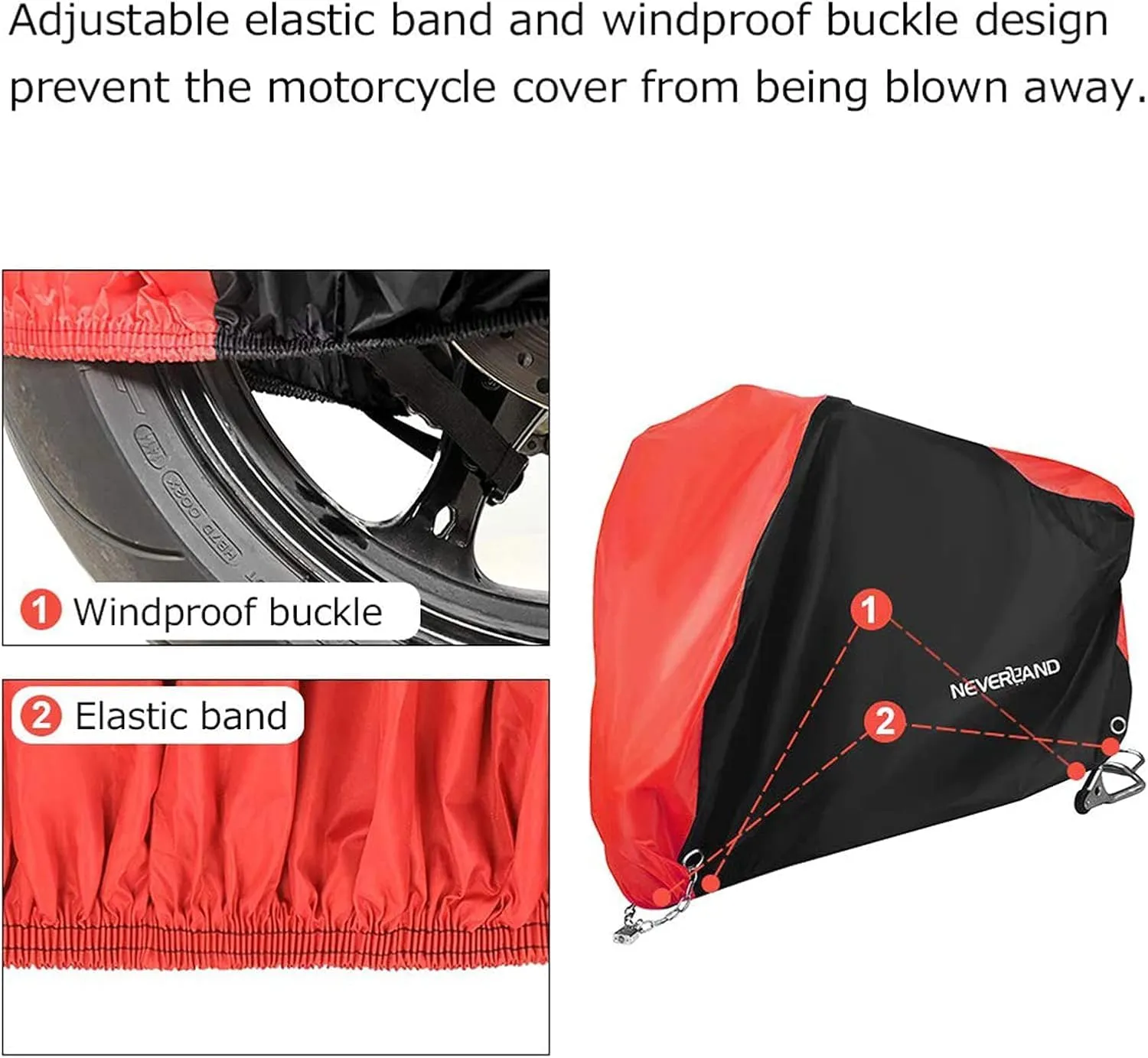 NEVERLAND Motorcycle Cover Waterproof Outdoor - Motorbike Scooter Covers Heavy Duty Medium with Lock-Holes, Bandage, Storage Bag Compatible with Harley Davidson Kawasaki Yamaha Honda Grom (Up to 86”)