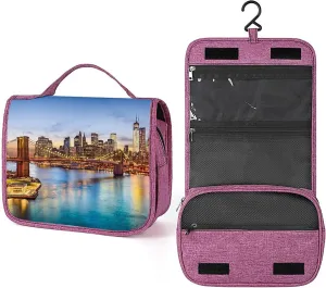 New York Photo,Toiletry Bag Travel Bag with Hanging Hook,East River Brooklyn Bridge,Water-resistant Makeup Cosmetic Bag Organizer for Accessories, Shampoo, Full-size Container,Toiletries,Blue