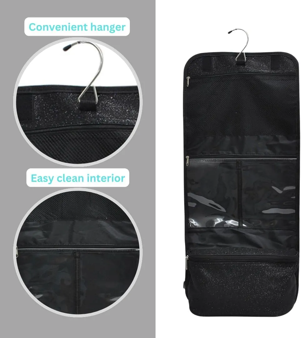 NGIL Glitter Travel Hanging Toiletry Bag for Cheerleaders and Dance Teams, Toiletry Organizer and Toiletry Bag for Women, Cosmetic Travel Bag(Glitter-Black)