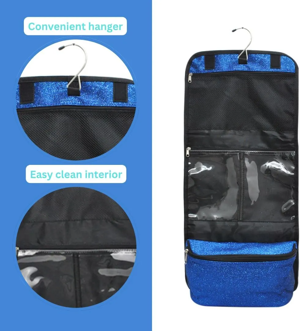 NGIL Glitter Travel Hanging Toiletry Bag for Cheerleaders and Dance Teams, Toiletry Organizer and Toiletry Bag for Women, Cosmetic Travel Bag(Glitter-Royal Blue)