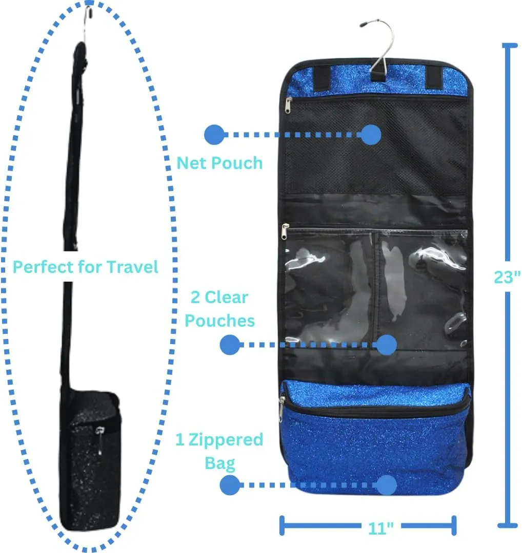 NGIL Glitter Travel Hanging Toiletry Bag for Cheerleaders and Dance Teams, Toiletry Organizer and Toiletry Bag for Women, Cosmetic Travel Bag(Glitter-Royal Blue)