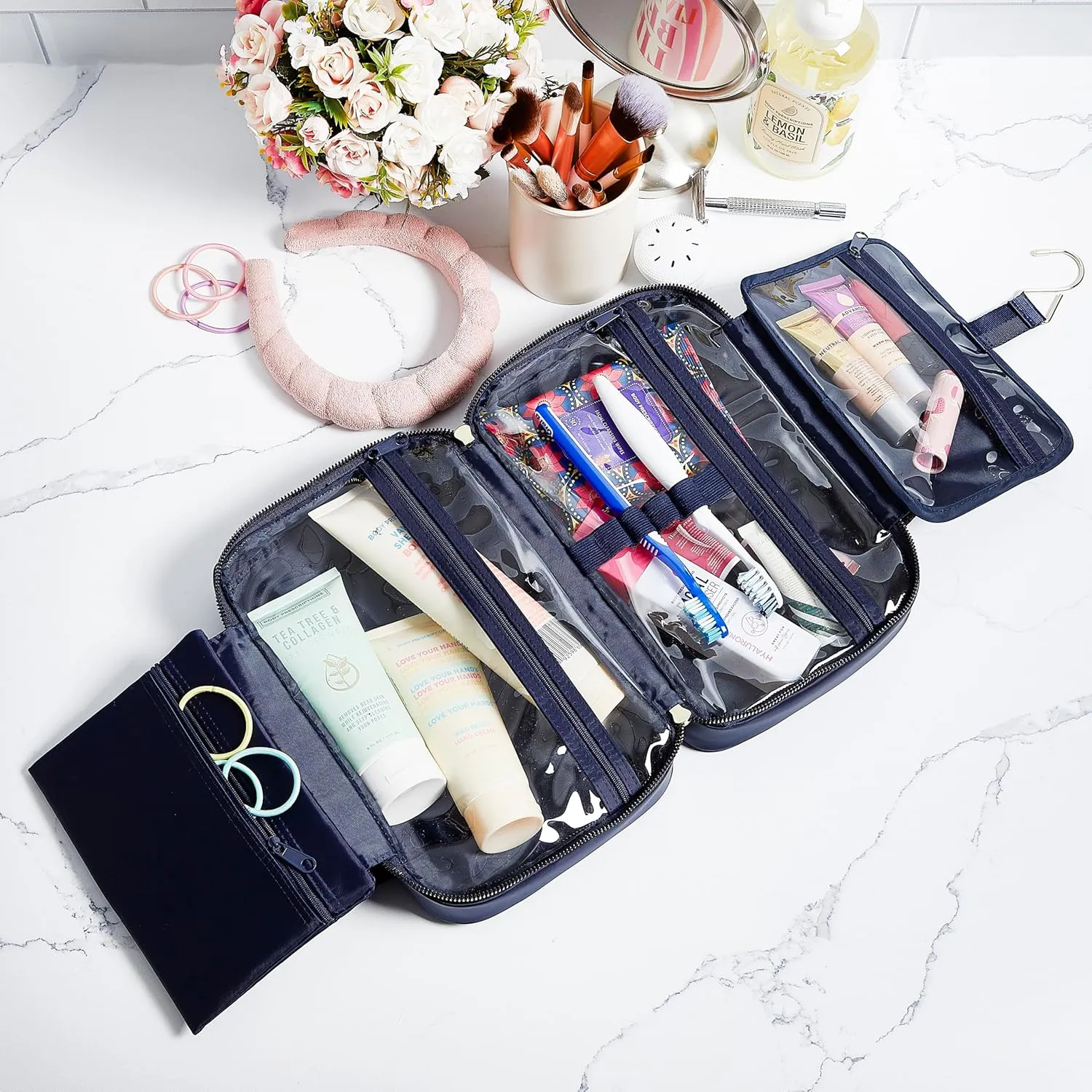 Nicole Miller New York Once Upon a Rose Makeup Bag, Multifunctional Travel and Toiletries Bag, Cosmetics Essentials Accessories Bag, Luxurious, Classic, Chic, and Stylish, Pink Polka Dot
