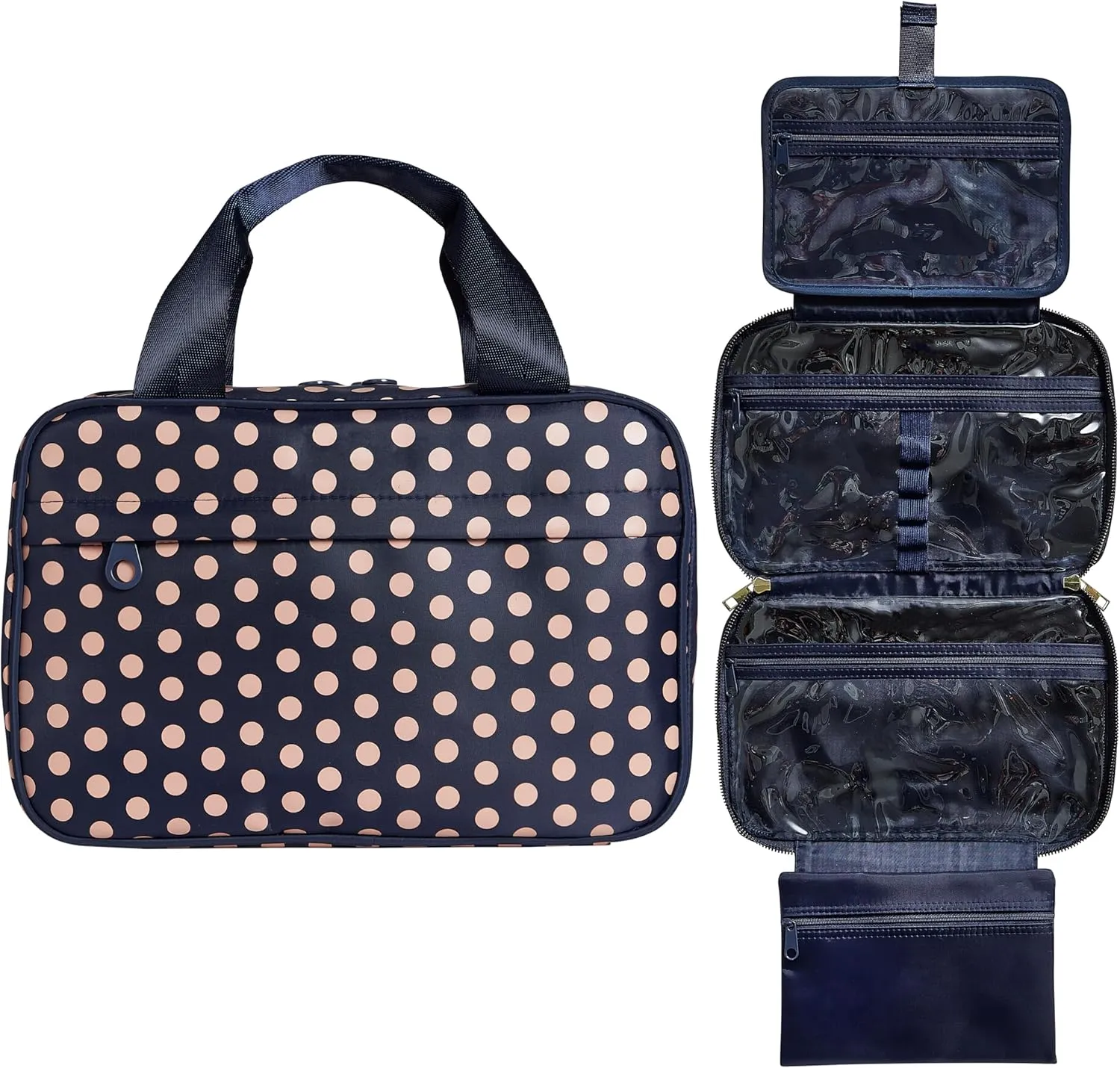 Nicole Miller New York Once Upon a Rose Makeup Bag, Multifunctional Travel and Toiletries Bag, Cosmetics Essentials Accessories Bag, Luxurious, Classic, Chic, and Stylish, Pink Polka Dot