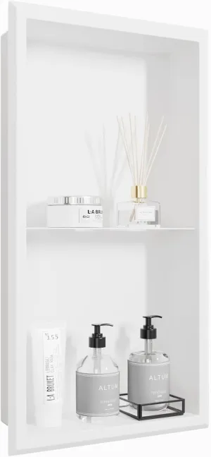No Tile Needed Wall Niche, Stainless Steel Shower Niche Insert 12" X 24", Double Shelves, Recessed Niche Shower for Bathroom Storage, Matte White Shower Niche