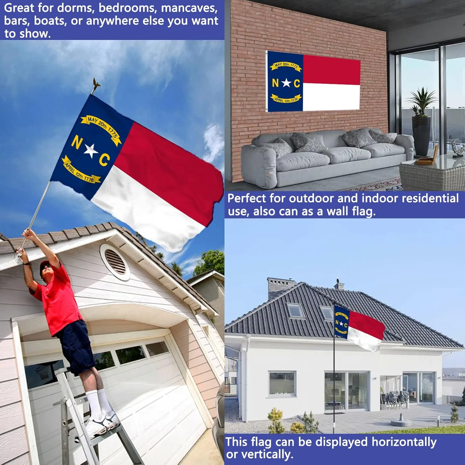 North Carolina State Flag Double Sided 3x5 Outdoor- Heavy Duty United States North Carolina NC Flags Banner with 2 Brass Grommets 4 Rows Stitched