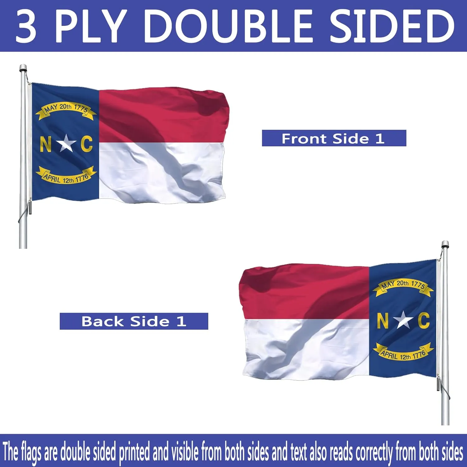 North Carolina State Flag Double Sided 3x5 Outdoor- Heavy Duty United States North Carolina NC Flags Banner with 2 Brass Grommets 4 Rows Stitched