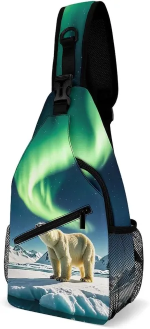 Northern Lights Polar Bear Sling Bag for Men Women Waterproof Chest Bag Print Cross Chest Bag Diagonally Gym Sport Travel Hiking Daypack