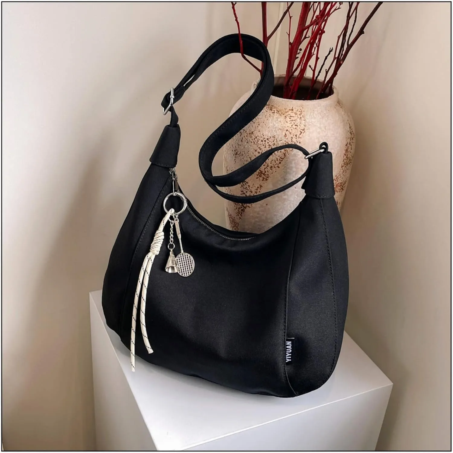 Nylon Crescent Crossbody Bag with Multiple Zippered Pockets, Stylish Hobo Bag, Ideal for Daily Use & Outings