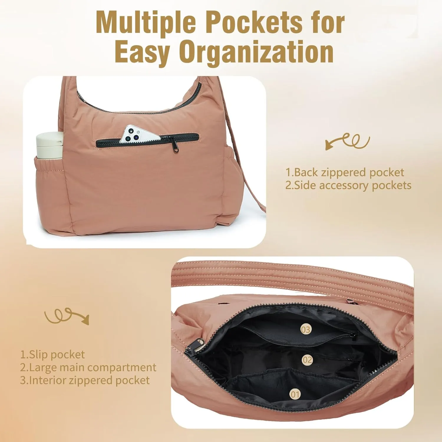 Nylon Hobo Crossbody Bags Lightweight Shoulder Bag Casual Work Travel Handbags 2025 Trendy with Adjustable Quilted Strap