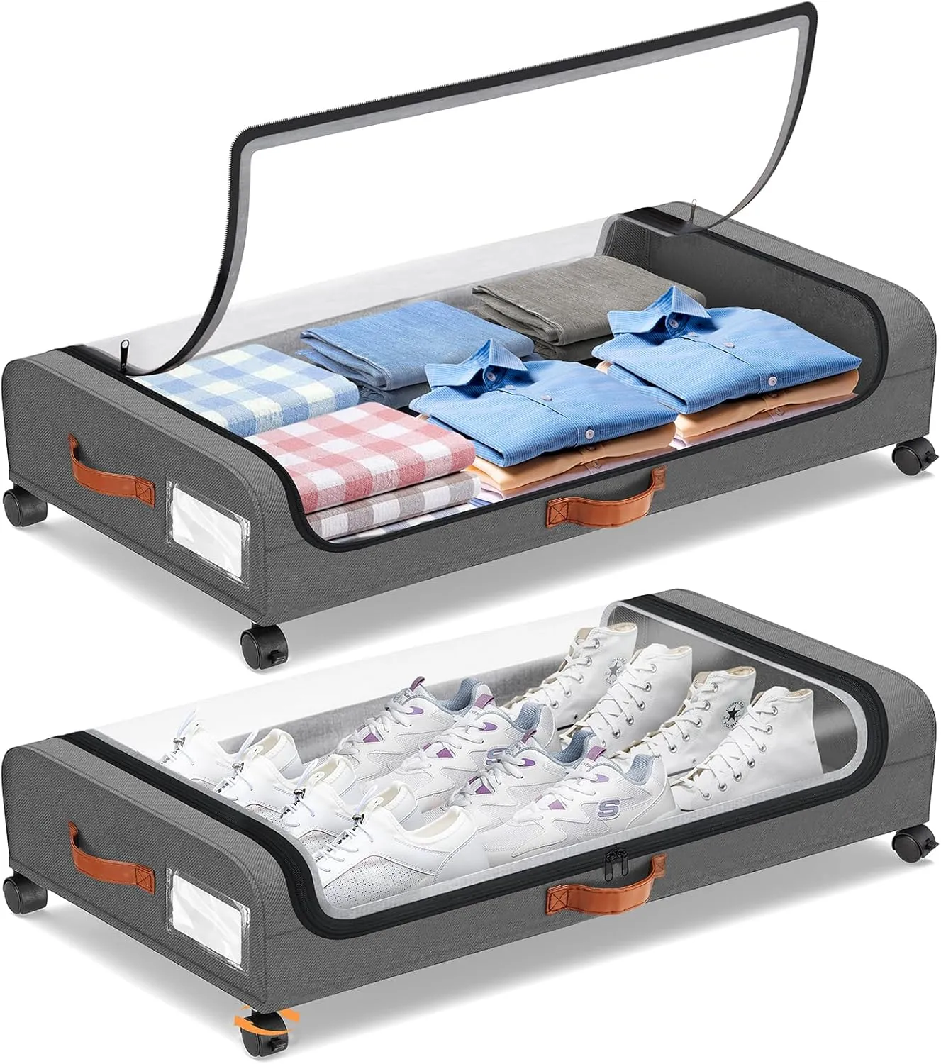 OAMCEG Under Bed Storage with Wheels, 2Pack Under Bed Storage Containers, Rolling Under Bed Metal Drawer for Clothes,Shoes, XXL storage bins under bed with Clear Lids, Grey