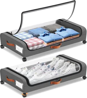 OAMCEG Under Bed Storage with Wheels, 2Pack Under Bed Storage Containers, Rolling Under Bed Metal Drawer for Clothes,Shoes, XXL storage bins under bed with Clear Lids, Grey