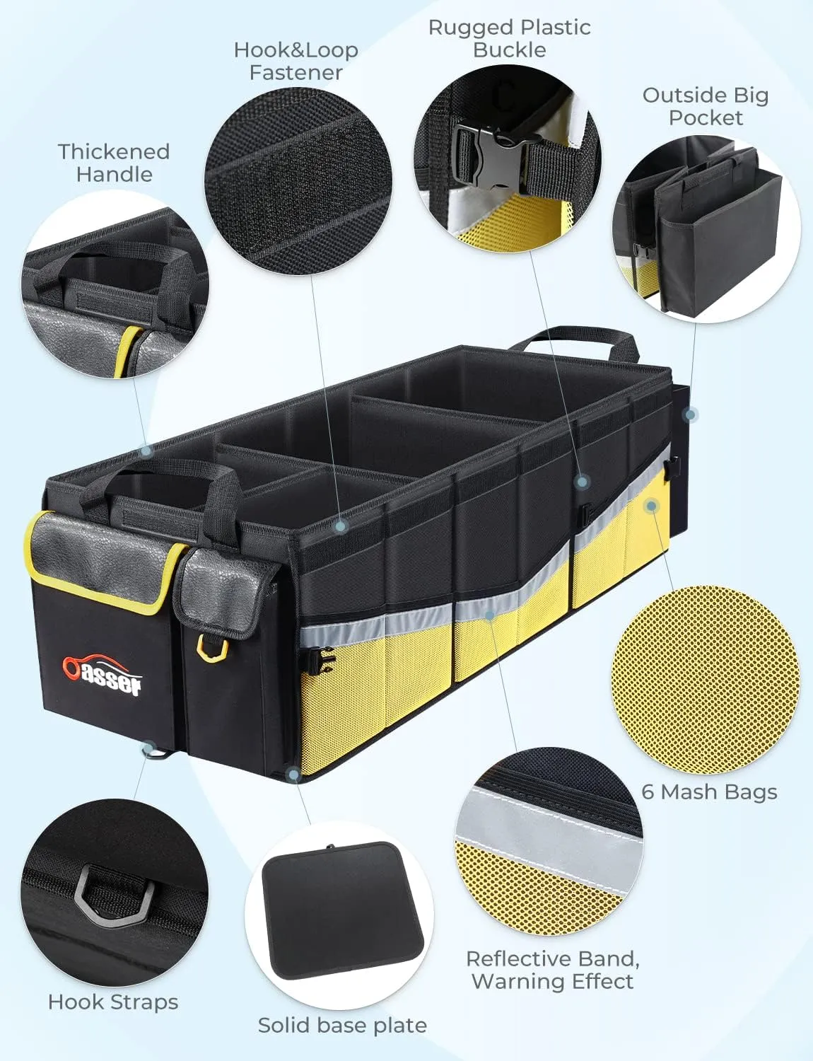 Oasser Trunk Organizer with Cooler Bag, Large Collapsible Car Trunk Organizer for SUV with Multi Compartments, Car Storage Organizer Grocery with Lid for Sedan (Extra Large, Black&Yellow)