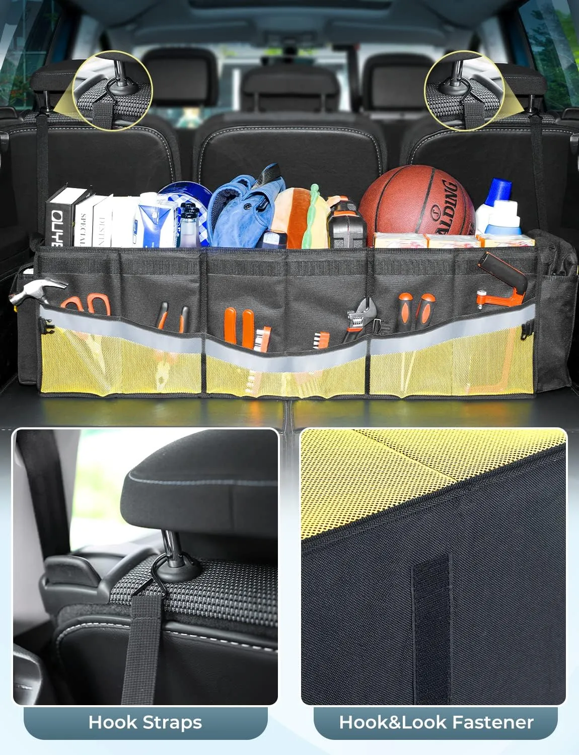 Oasser Trunk Organizer with Cooler Bag, Large Collapsible Car Trunk Organizer for SUV with Multi Compartments, Car Storage Organizer Grocery with Lid for Sedan (Extra Large, Black&Yellow)