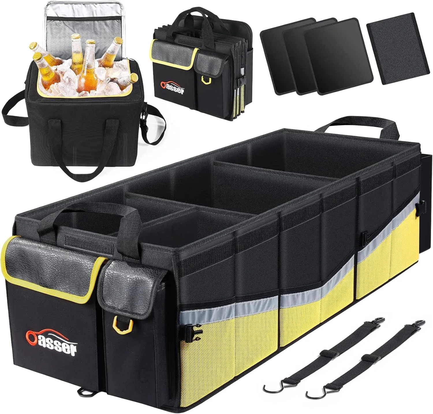 Oasser Trunk Organizer with Cooler Bag, Large Collapsible Car Trunk Organizer for SUV with Multi Compartments, Car Storage Organizer Grocery with Lid for Sedan (Extra Large, Black&Yellow)