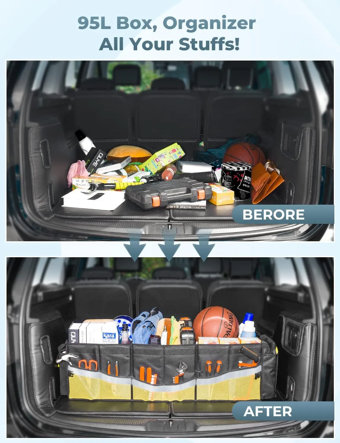Oasser Trunk Organizer with Cooler Bag, Large Collapsible Car Trunk Organizer for SUV with Multi Compartments, Car Storage Organizer Grocery with Lid for Sedan (Extra Large, Black&Yellow)