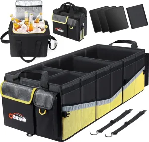 Oasser Trunk Organizer with Cooler Bag, Large Collapsible Car Trunk Organizer for SUV with Multi Compartments, Car Storage Organizer Grocery with Lid for Sedan (Extra Large, Black&Yellow)