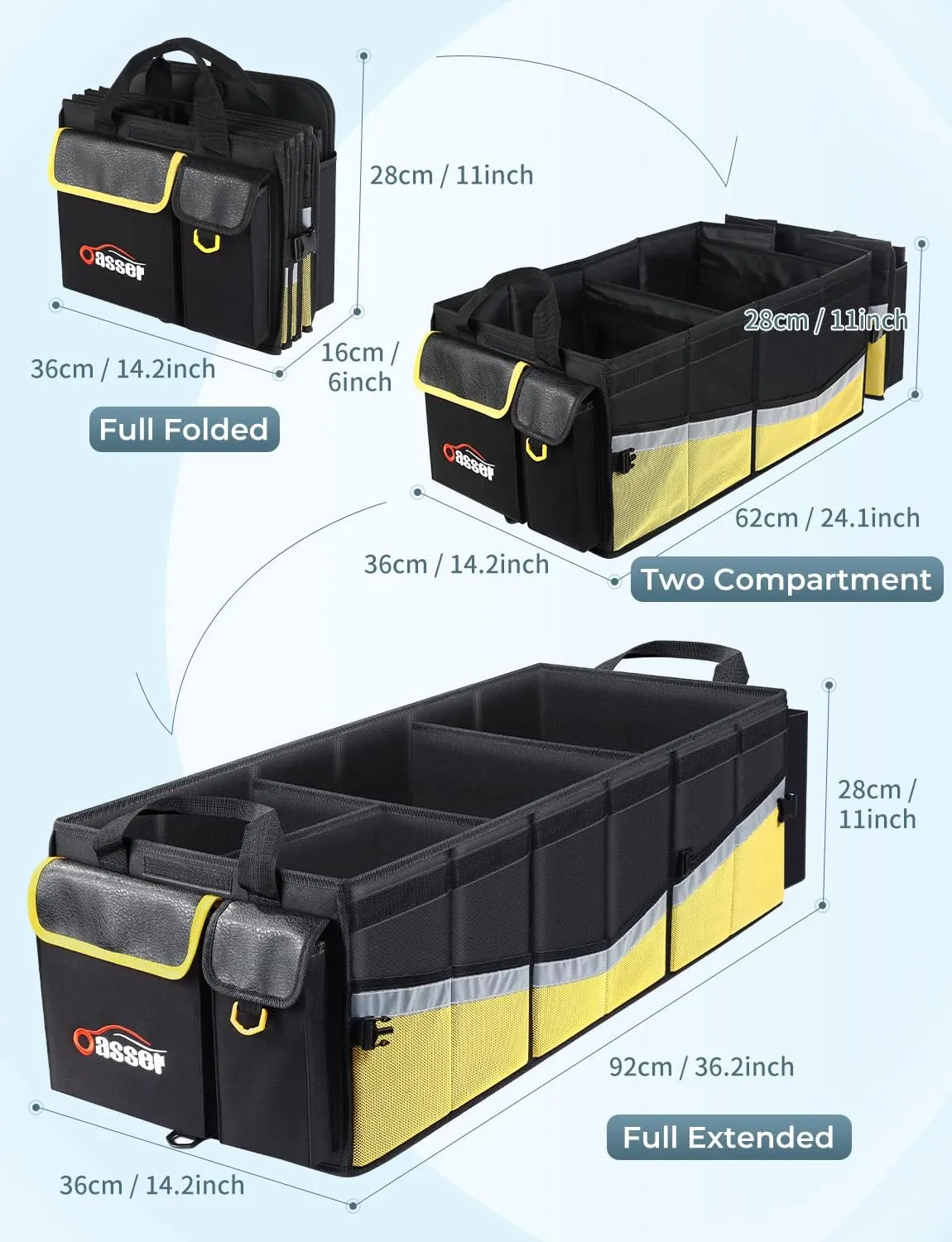 Oasser Trunk Organizer with Cooler Bag, Large Collapsible Car Trunk Organizer for SUV with Multi Compartments, Car Storage Organizer Grocery with Lid for Sedan (Extra Large, Black&Yellow)