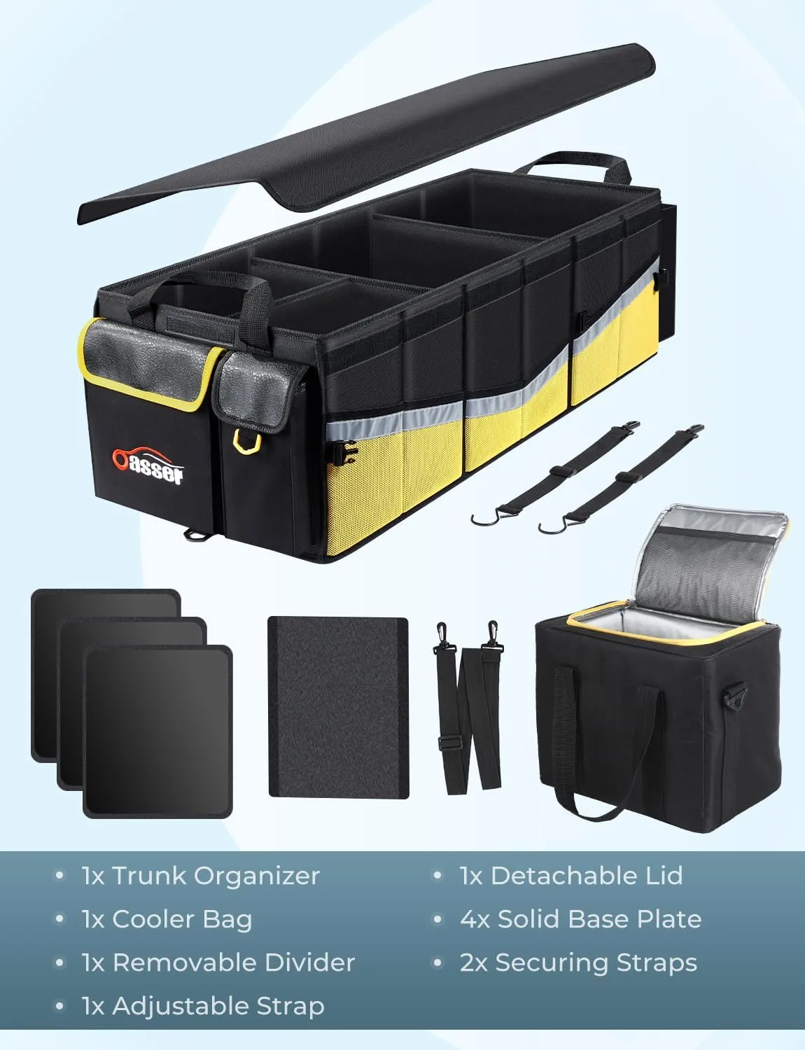 Oasser Trunk Organizer with Cooler Bag, Large Collapsible Car Trunk Organizer for SUV with Multi Compartments, Car Storage Organizer Grocery with Lid for Sedan (Extra Large, Black&Yellow)