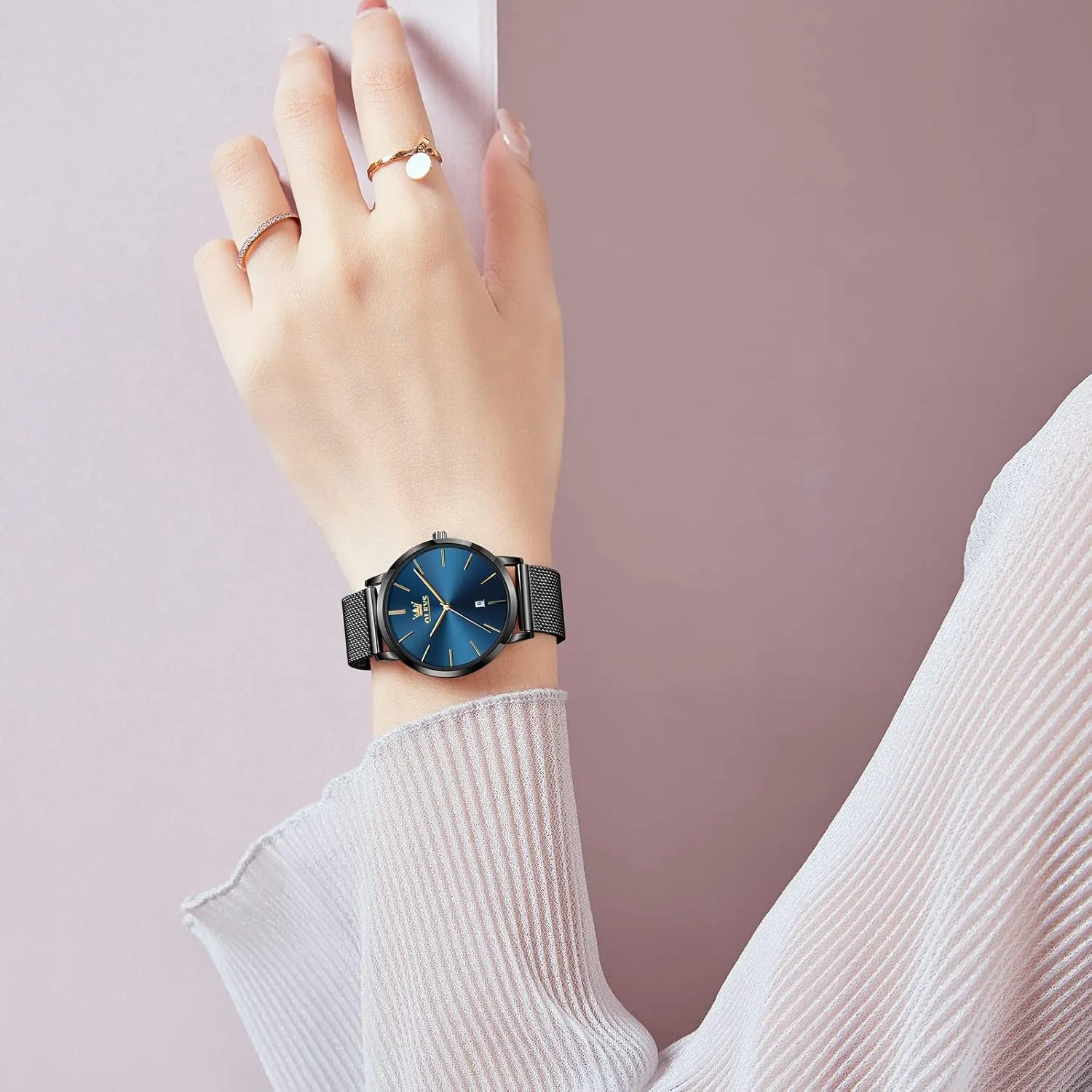 OLEVS Women's Mesh Bracelet Watch, Elegant Large Face Three Hand Analog Quartz Womens Wristwatch, Pretty Slim Date Display Waterproof Ladies Watches for Small Wrists