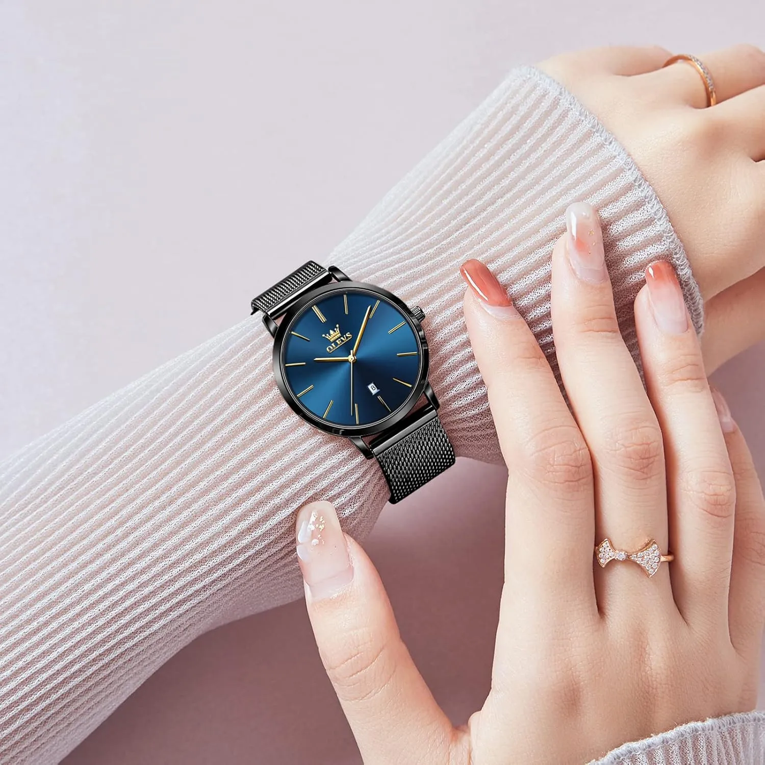 OLEVS Women's Mesh Bracelet Watch, Elegant Large Face Three Hand Analog Quartz Womens Wristwatch, Pretty Slim Date Display Waterproof Ladies Watches for Small Wrists
