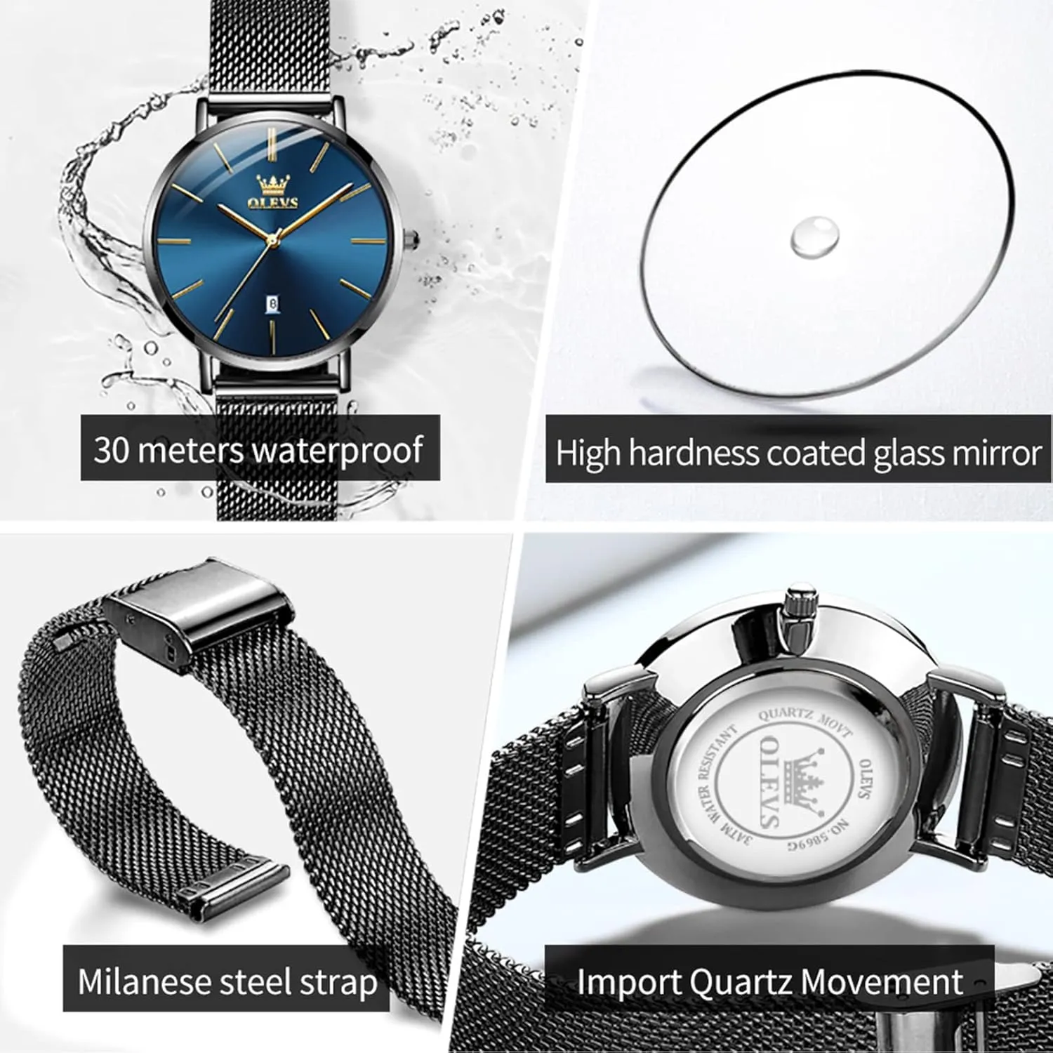 OLEVS Women's Mesh Bracelet Watch, Elegant Large Face Three Hand Analog Quartz Womens Wristwatch, Pretty Slim Date Display Waterproof Ladies Watches for Small Wrists
