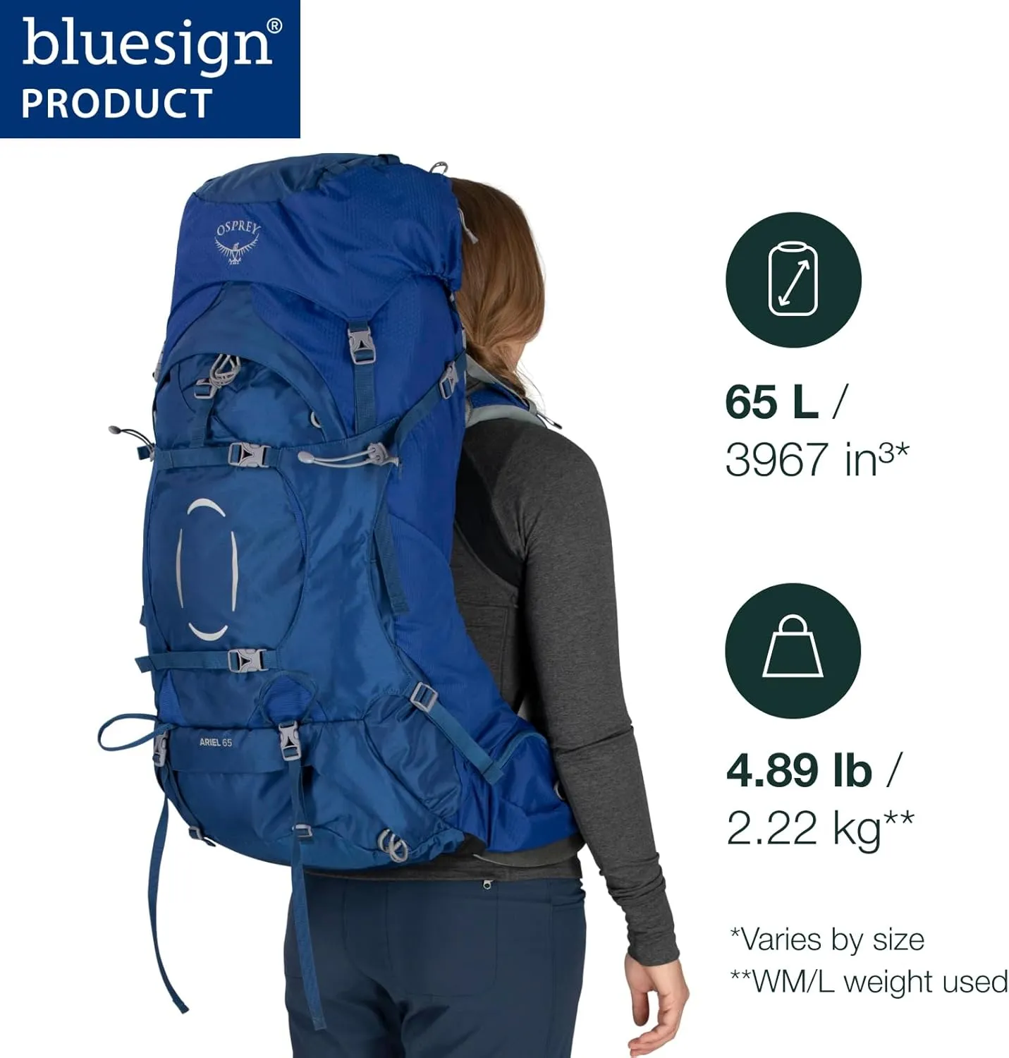 Osprey Ariel 65L Women's Backpacking Backpack, Ceramic Blue, WXS/S