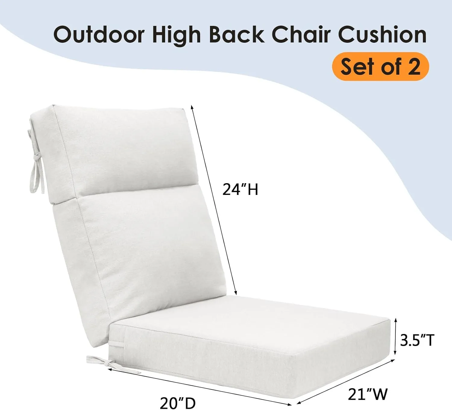 Outdoor High Back Chair Cushion Seat Pads, 2-Pack 44 x 21 Inch Water-Repellent & Fade-Resistant Patio Furniture Cushions with Ties for Adirondack, Rocking Chairs, Linen