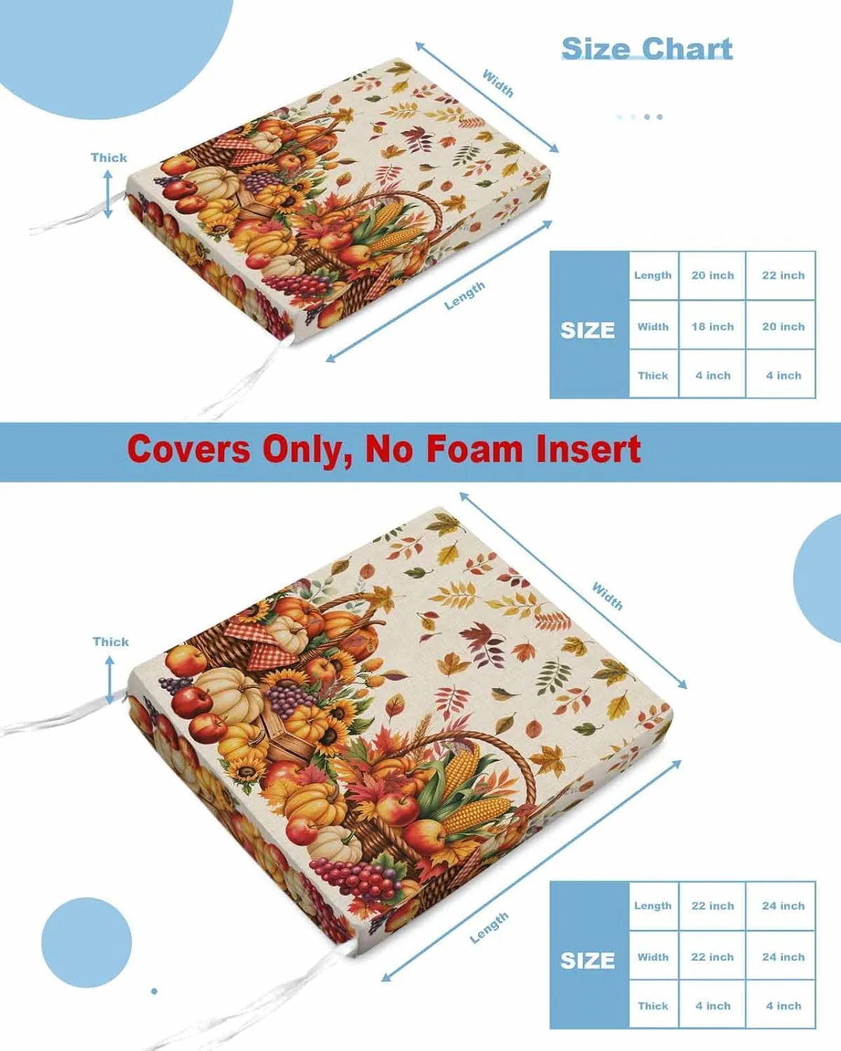 Outdoor Waterproof Cushion Covers Retro Farm Fruit Pumpkin Replacement Stretch Seat Slipcover for Patio, Fallen Leaves Flowers on Linen Chair Couch Sofa Covers Furniture Protector Set of 2,24x24IN
