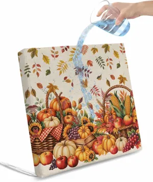 Outdoor Waterproof Cushion Covers Retro Farm Fruit Pumpkin Replacement Stretch Seat Slipcover for Patio, Fallen Leaves Flowers on Linen Chair Couch Sofa Covers Furniture Protector Set of 2,24x24IN