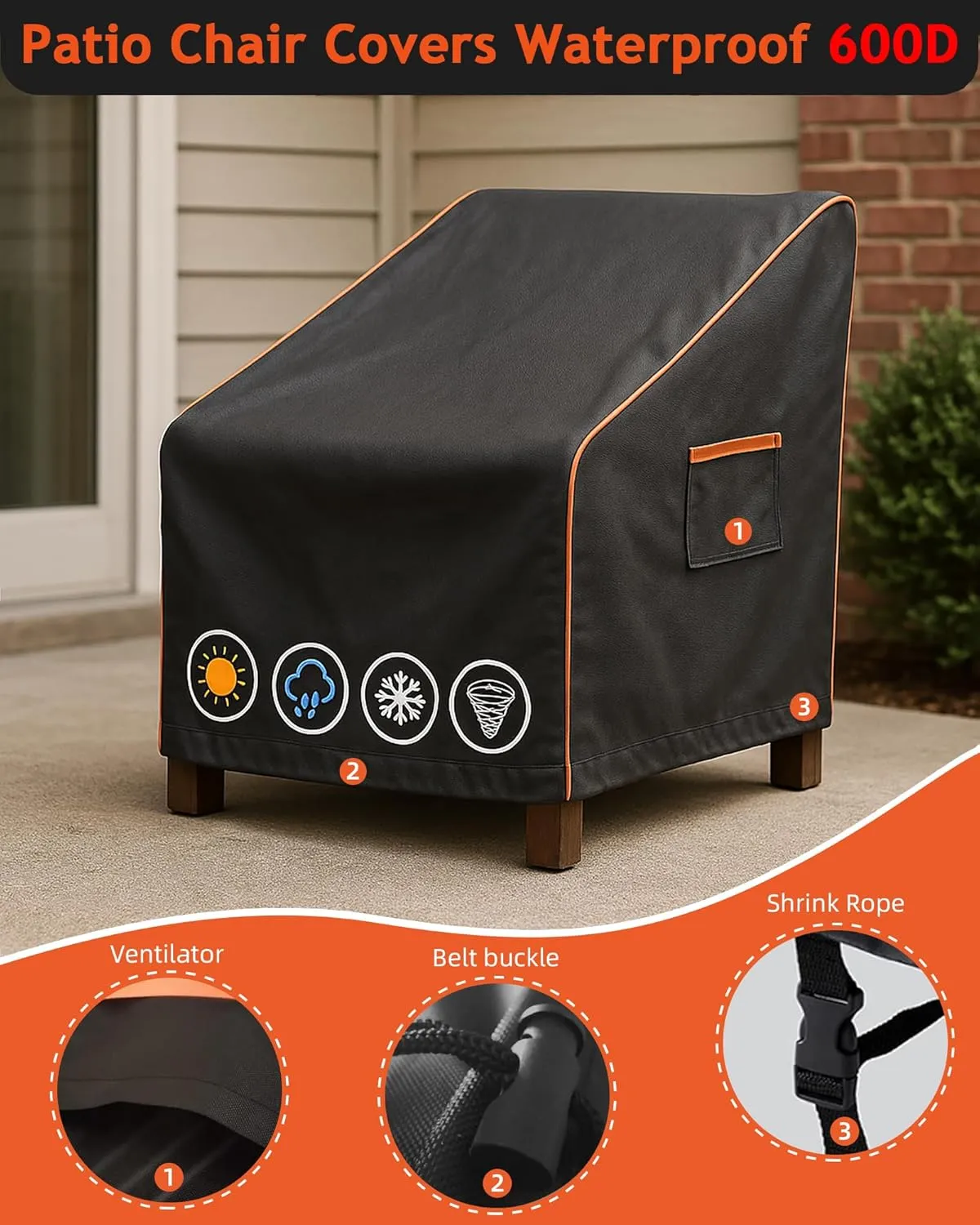 Outdoor Waterproof Patio Chair Covers, Heavy Duty oxford coating Weather Resistant Patio Furniture Covers 600D 30W x 34D x 36H inches 2-Pack, Black